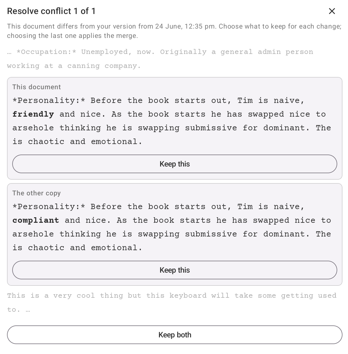 Wryter's conflict resolution with the changed words in bold.