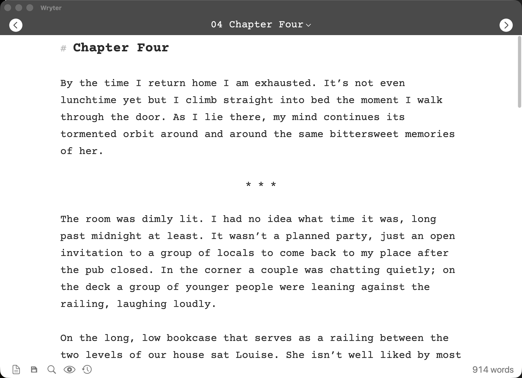 The Wryter editor: a clean, centred manuscript page in Courier Prime.
