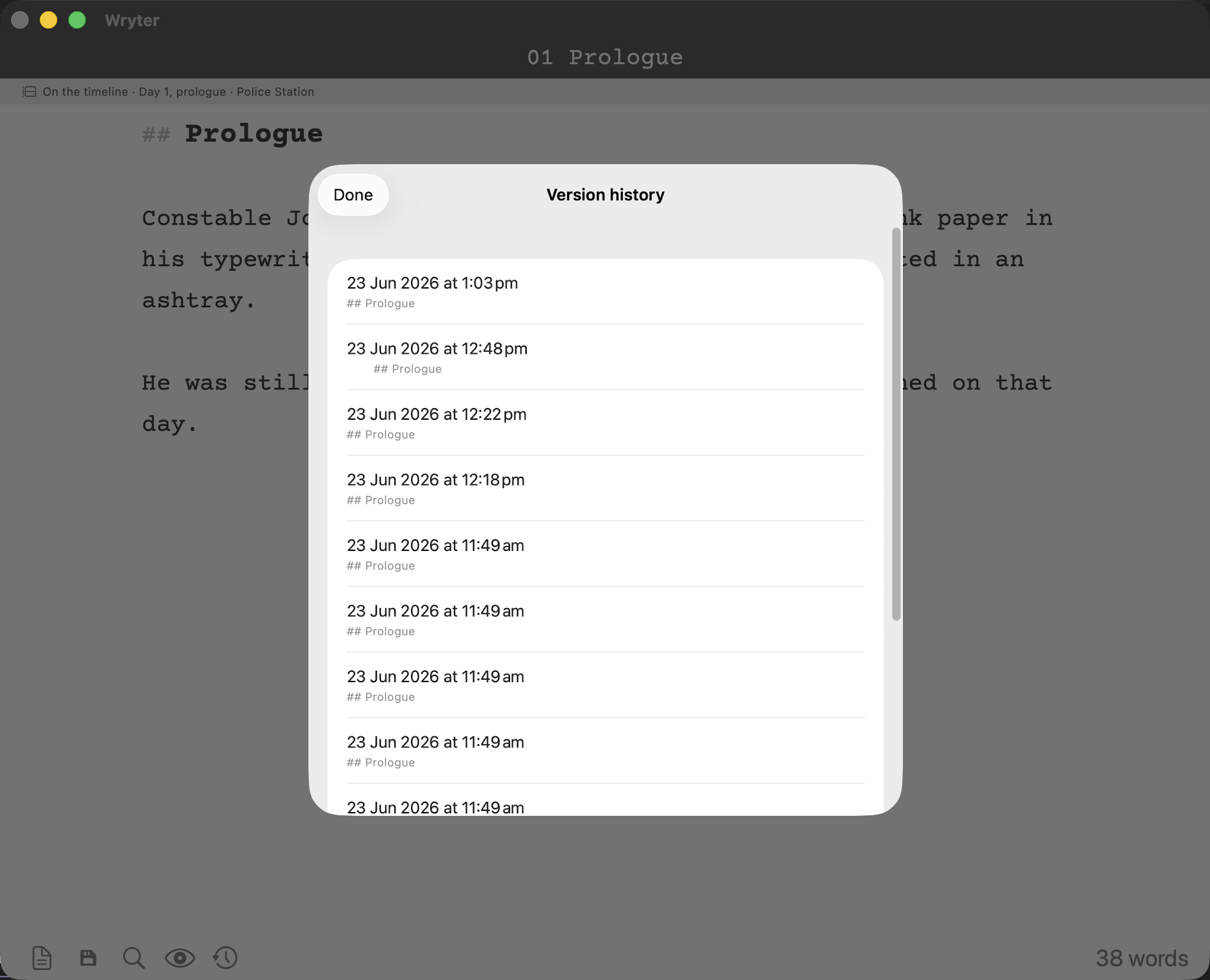 Wryter's version history: earlier saved versions of a document.