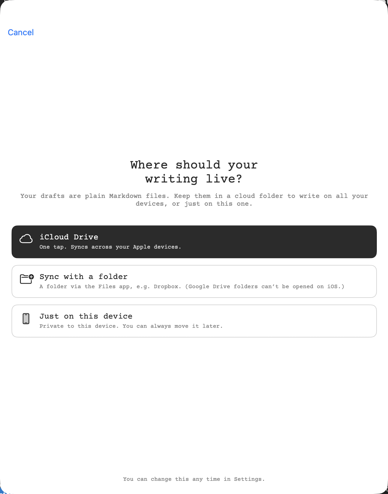 Wryter's settings: storage location (your own cloud folder), theme and type size.