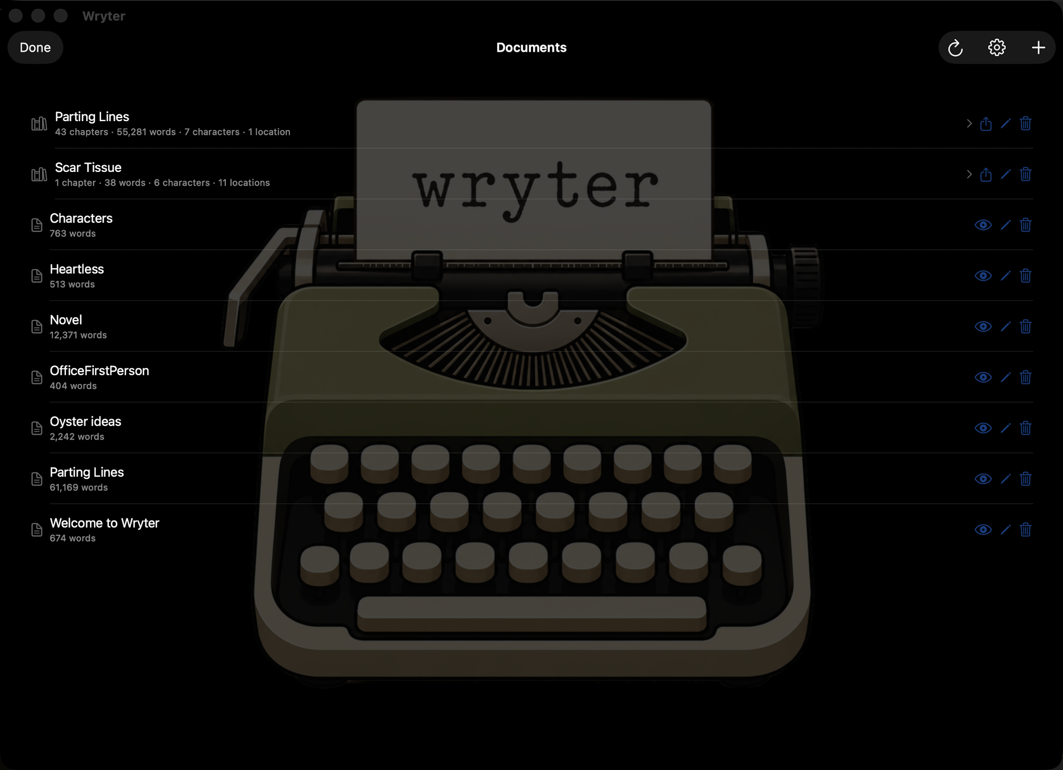 The Wryter document shelf over a typewriter watermark.