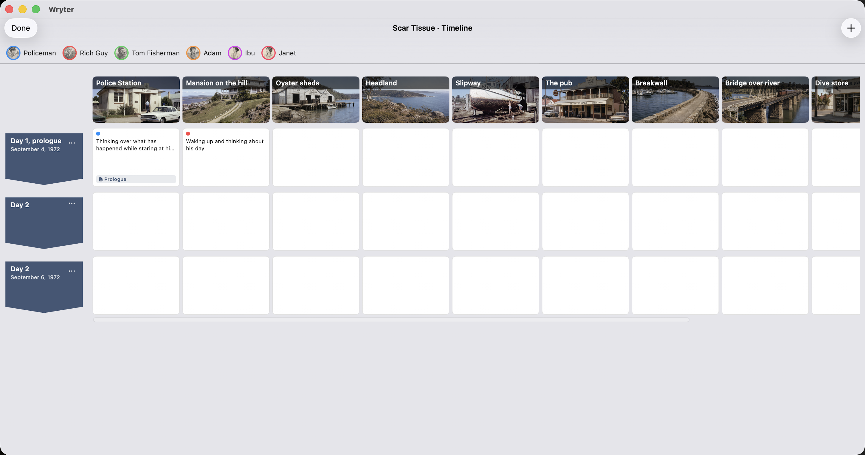 Wryter's planning timeline grid.